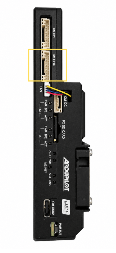 CM GPIO connector location highlighted on the board side panel