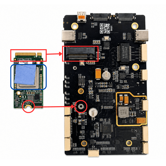 Hailo module and CM5 carrier board — connector, screw and thermal pad locations